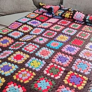 Crochet Granny Square Patchwork Blanket, Retro Knitted Blanket, Mid Century